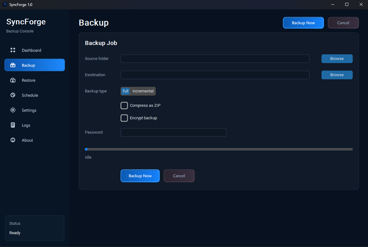 SyncForge backup setup screenshot